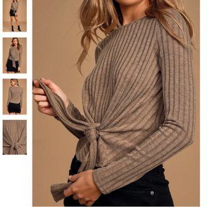 Lulus Taupe Ribbed Long-Sleeve Tie-Front Top